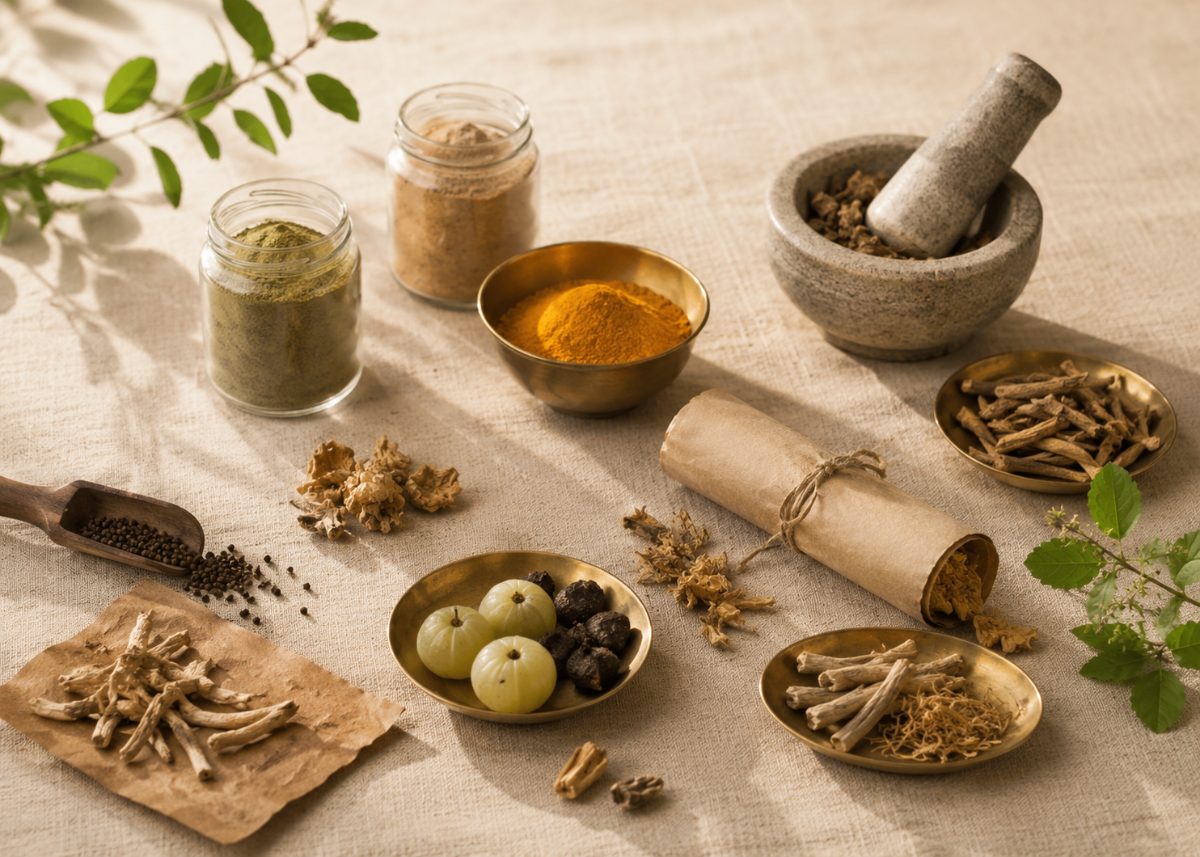 Ayurvedic herbal apothecary with powders, roots and dried herbs